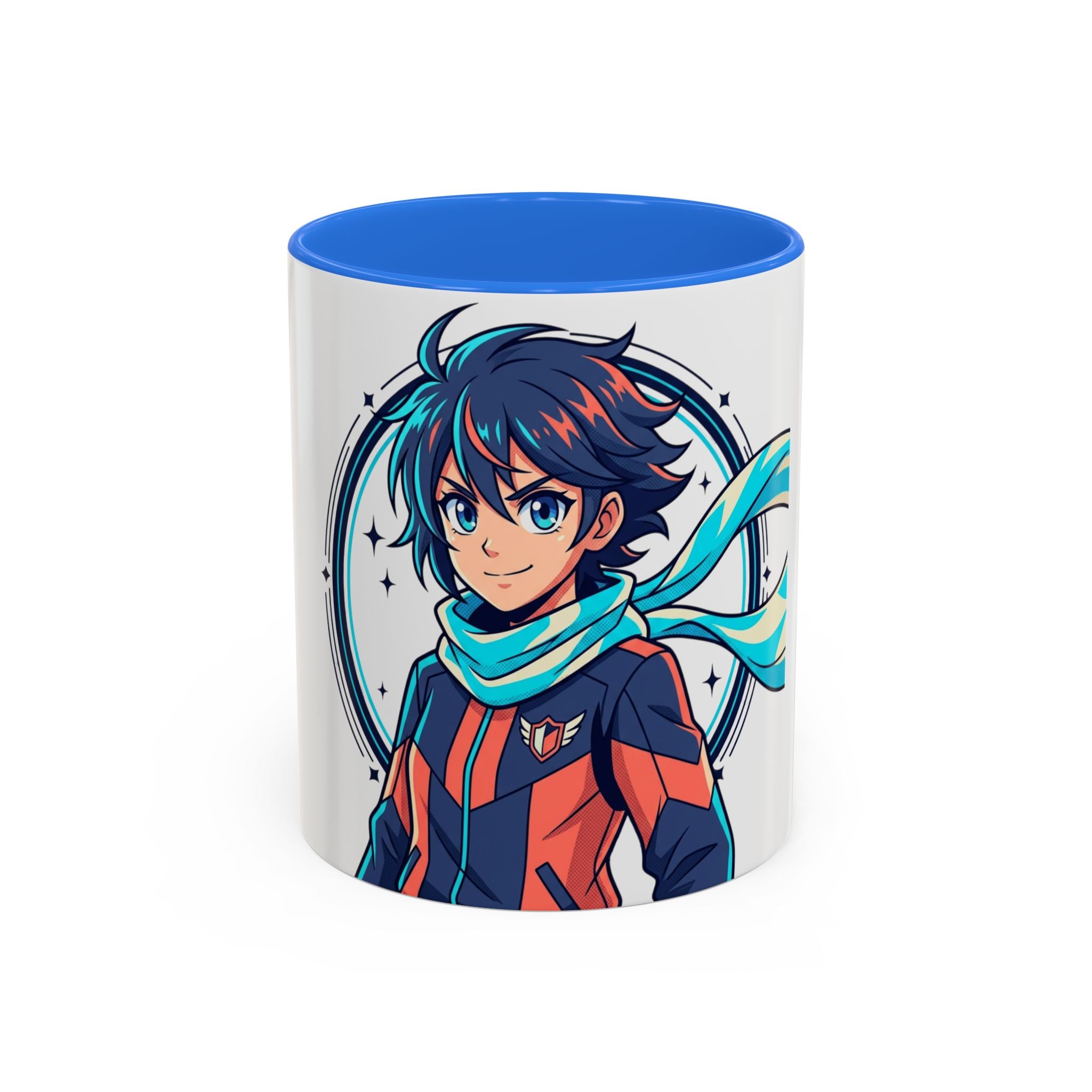 Anime Boy Character Mug — Colorful 11oz/15oz Coffee Cup with Scarfed Hero Design