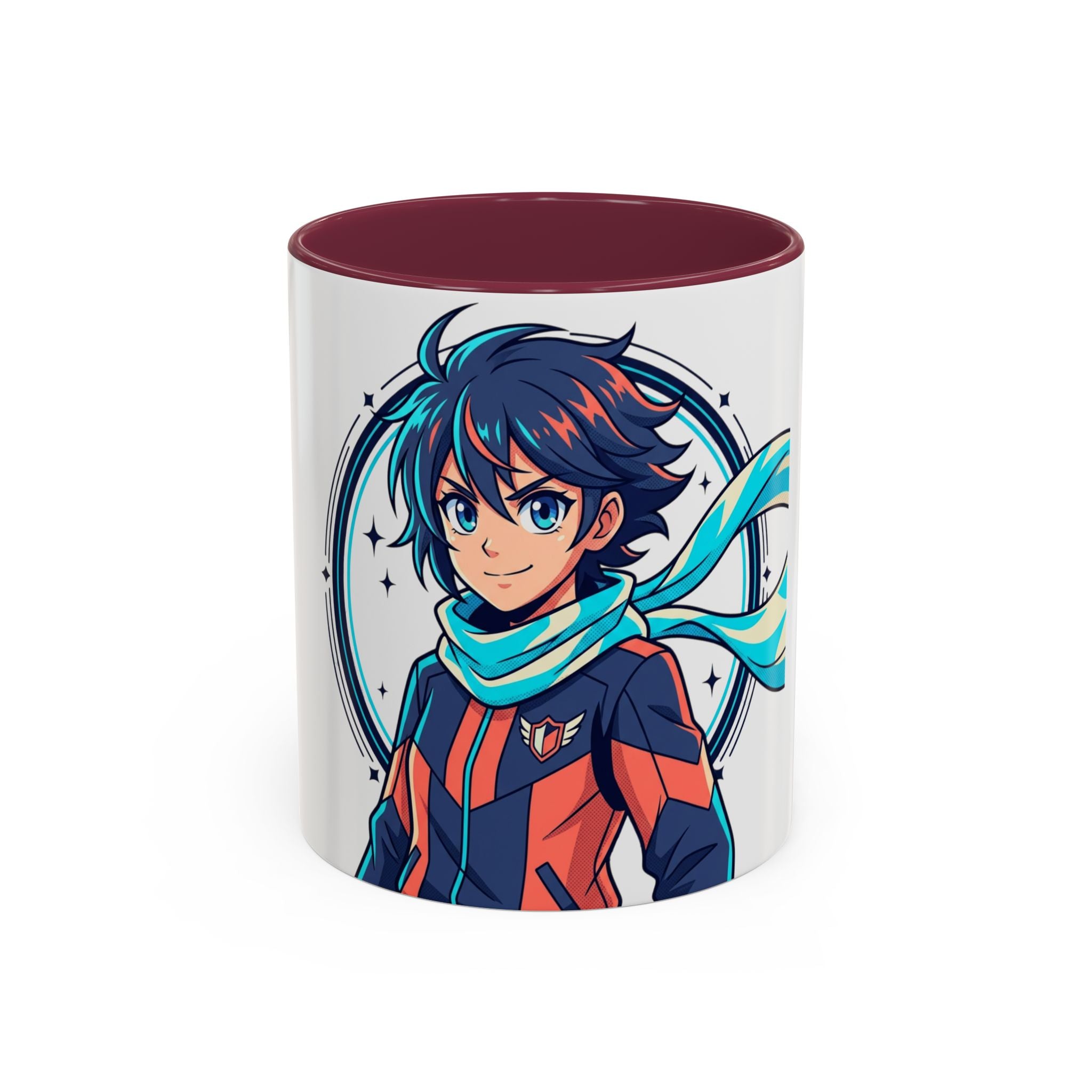 Anime Boy Character Mug — Colorful 11oz/15oz Coffee Cup with Scarfed Hero Design