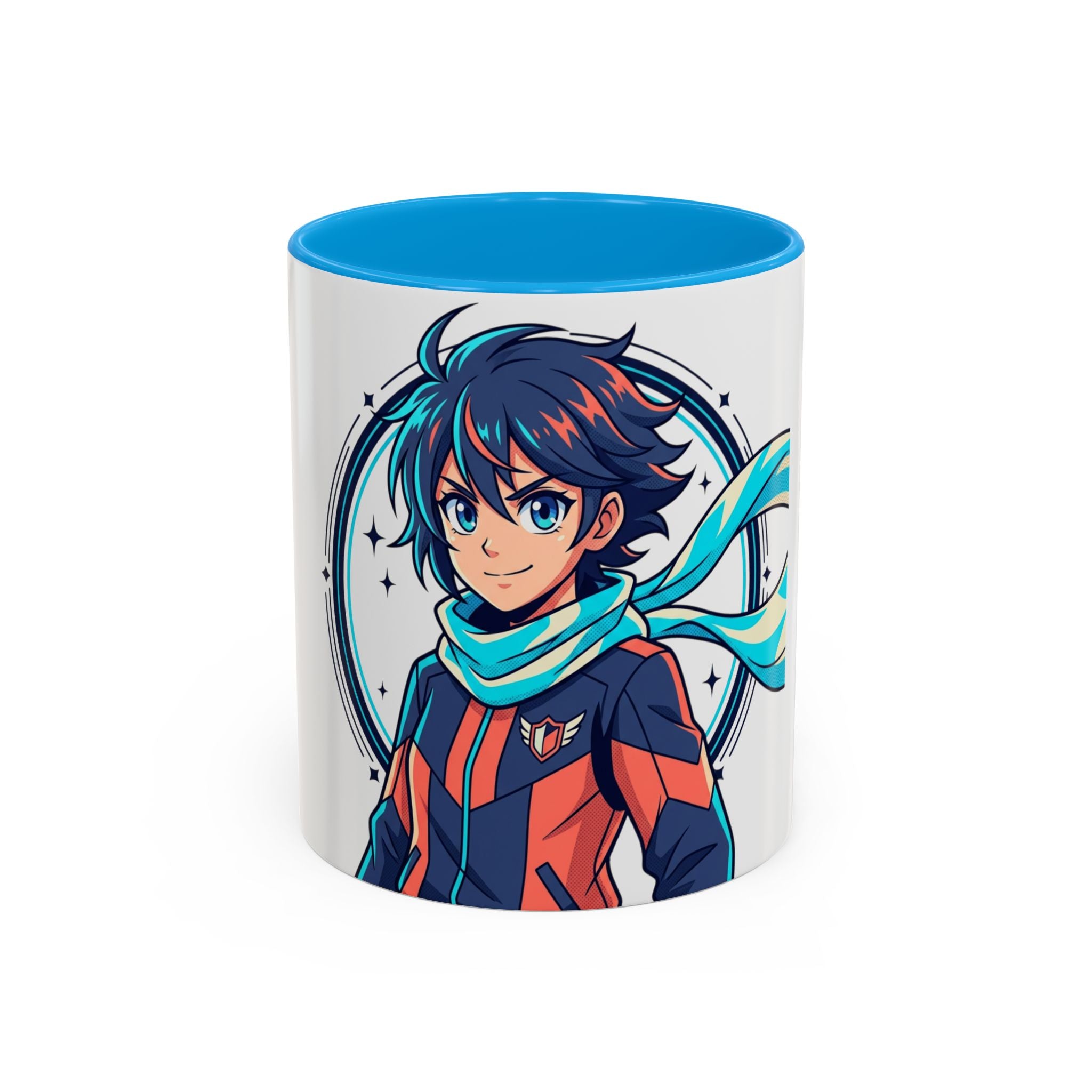 Anime Boy Character Mug — Colorful 11oz/15oz Coffee Cup with Scarfed Hero Design