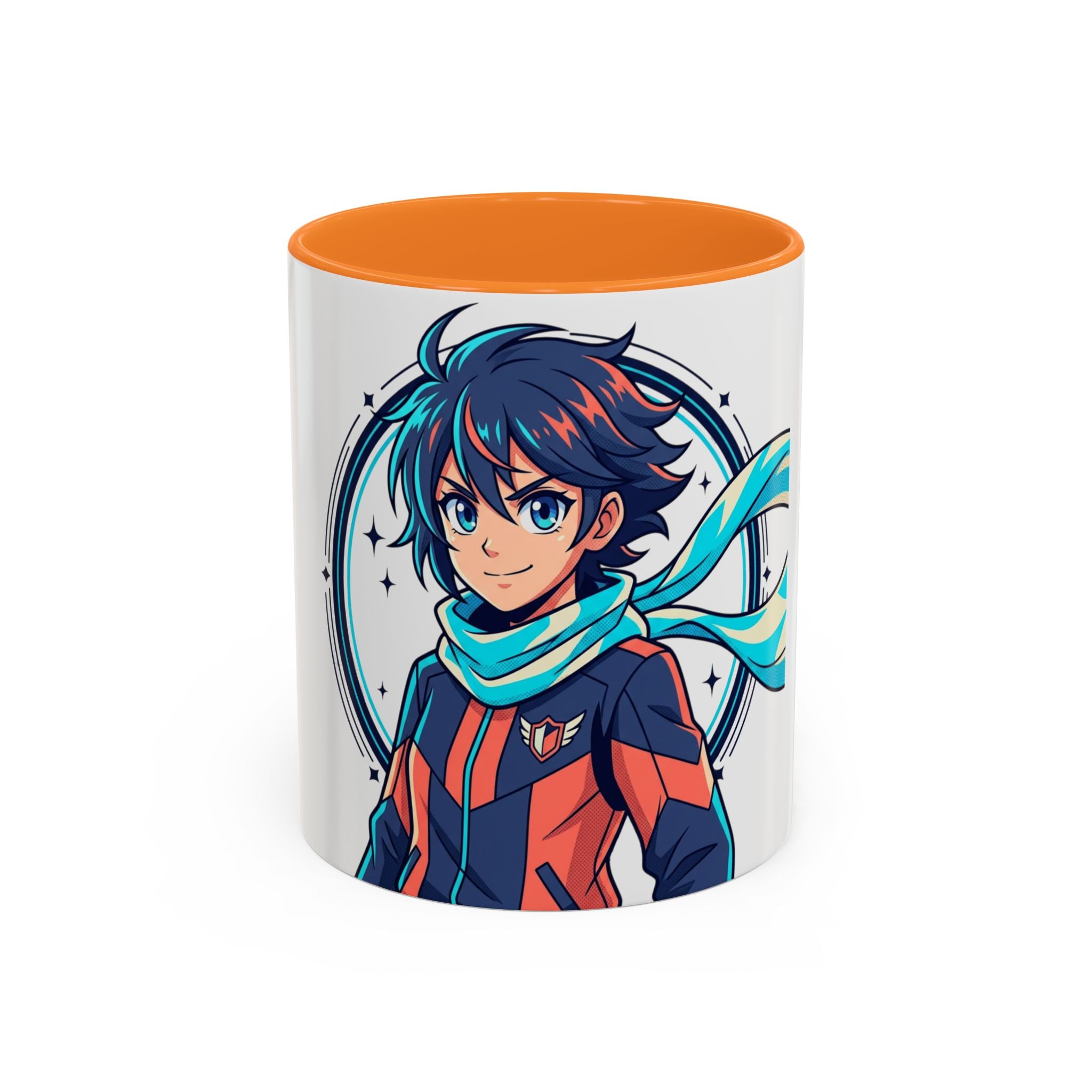 Anime Boy Character Mug — Colorful 11oz/15oz Coffee Cup with Scarfed Hero Design
