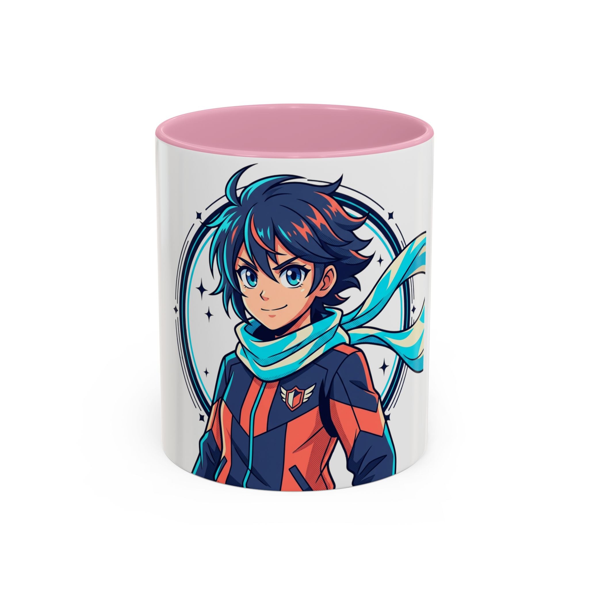 Anime Boy Character Mug — Colorful 11oz/15oz Coffee Cup with Scarfed Hero Design