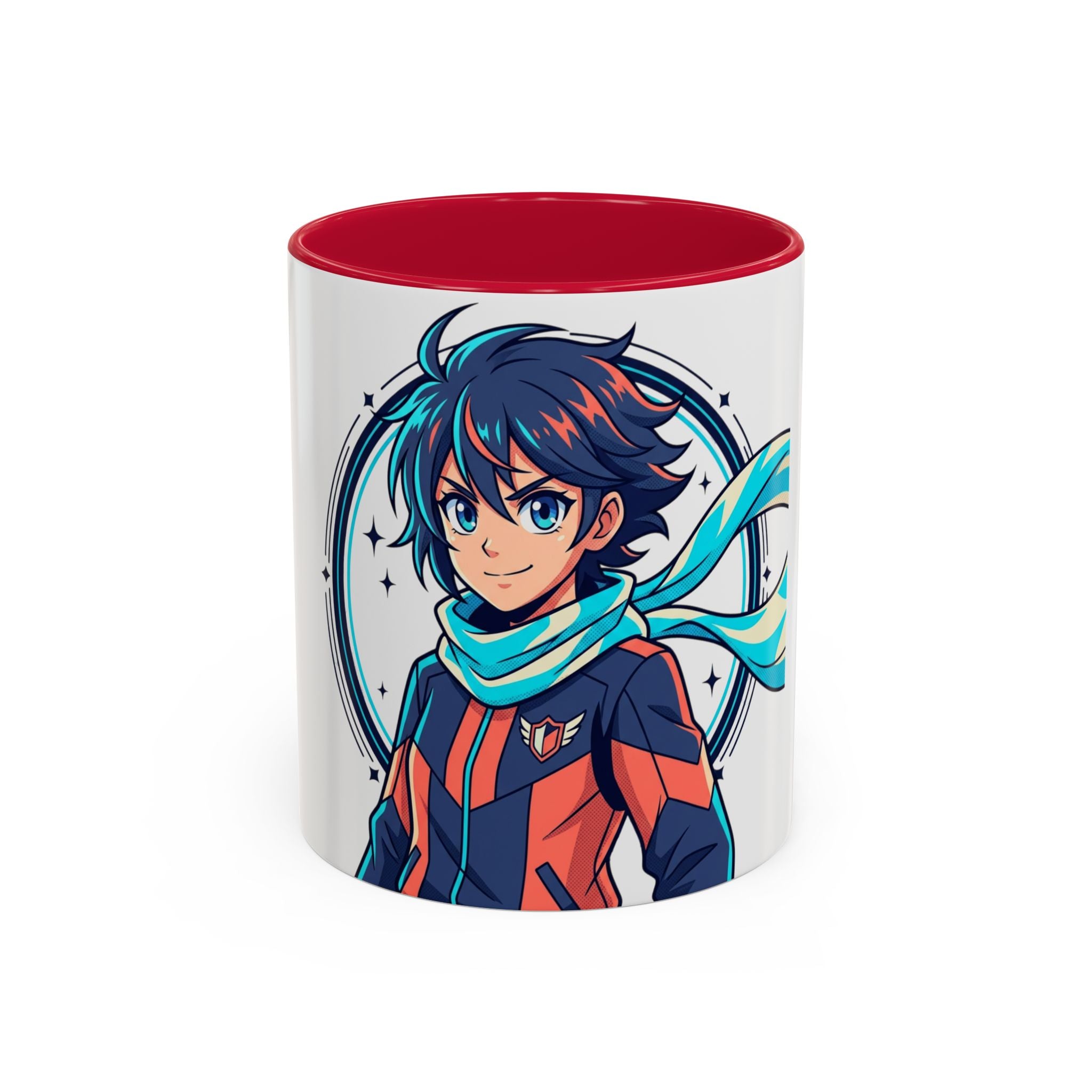 Anime Boy Character Mug — Colorful 11oz/15oz Coffee Cup with Scarfed Hero Design