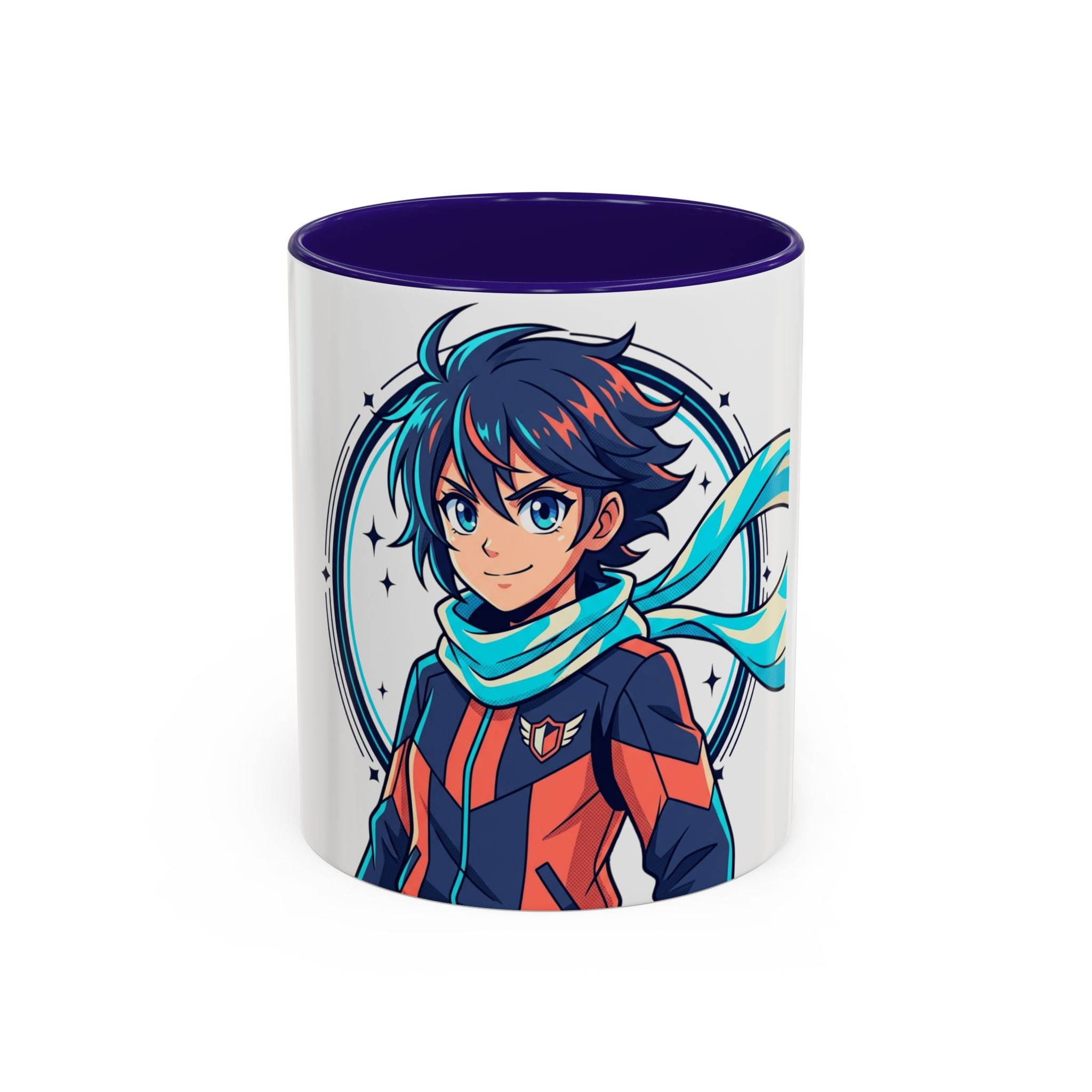 Anime Boy Character Mug — Colorful 11oz/15oz Coffee Cup with Scarfed Hero Design