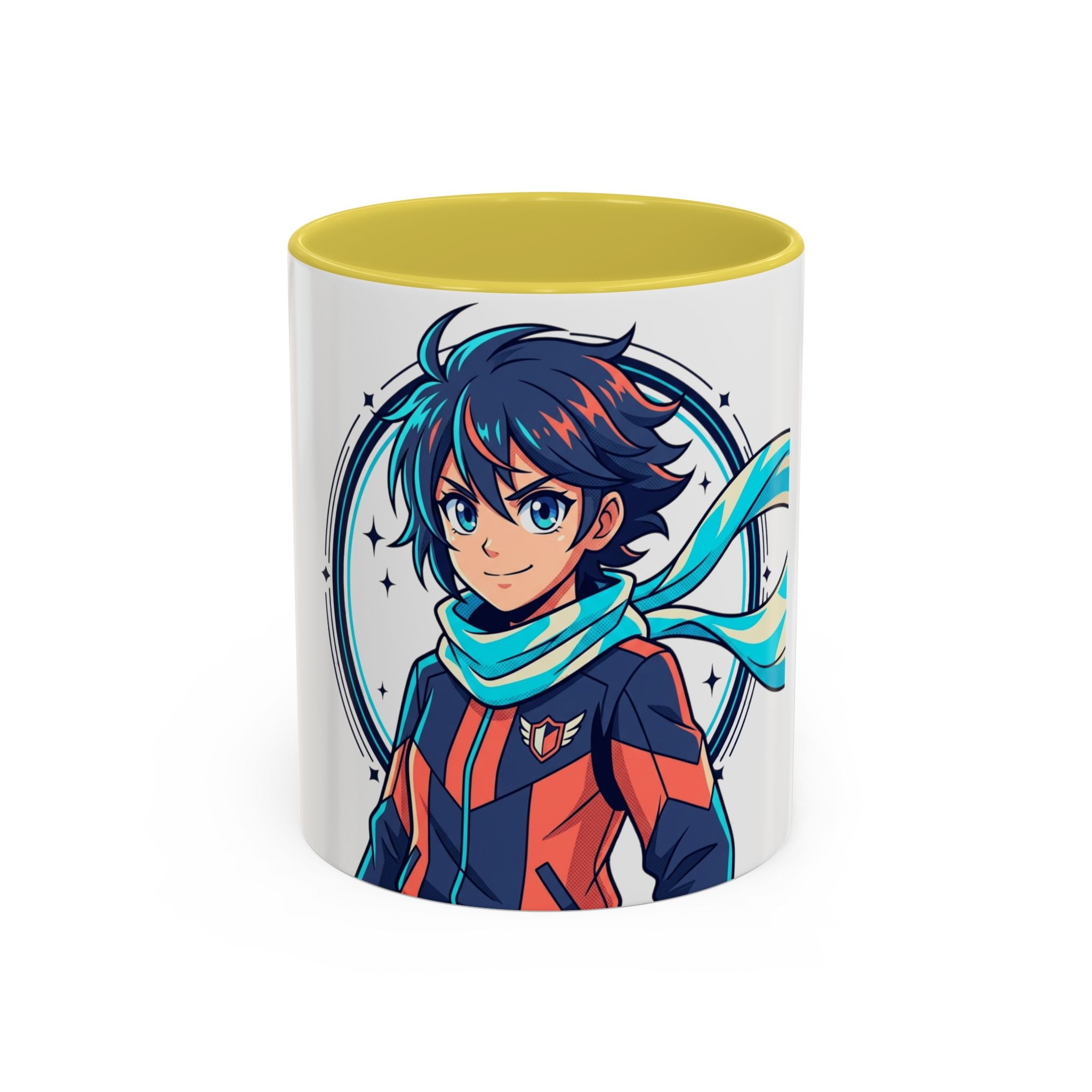 Anime Boy Character Mug — Colorful 11oz/15oz Coffee Cup with Scarfed Hero Design