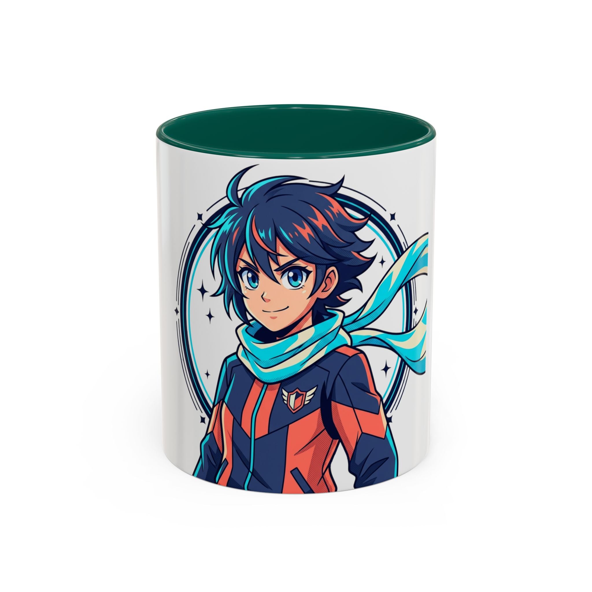 Anime Boy Character Mug — Colorful 11oz/15oz Coffee Cup with Scarfed Hero Design