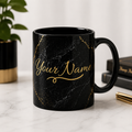 Personalized Black Marble Mug — Custom Name Gold Script (11oz)