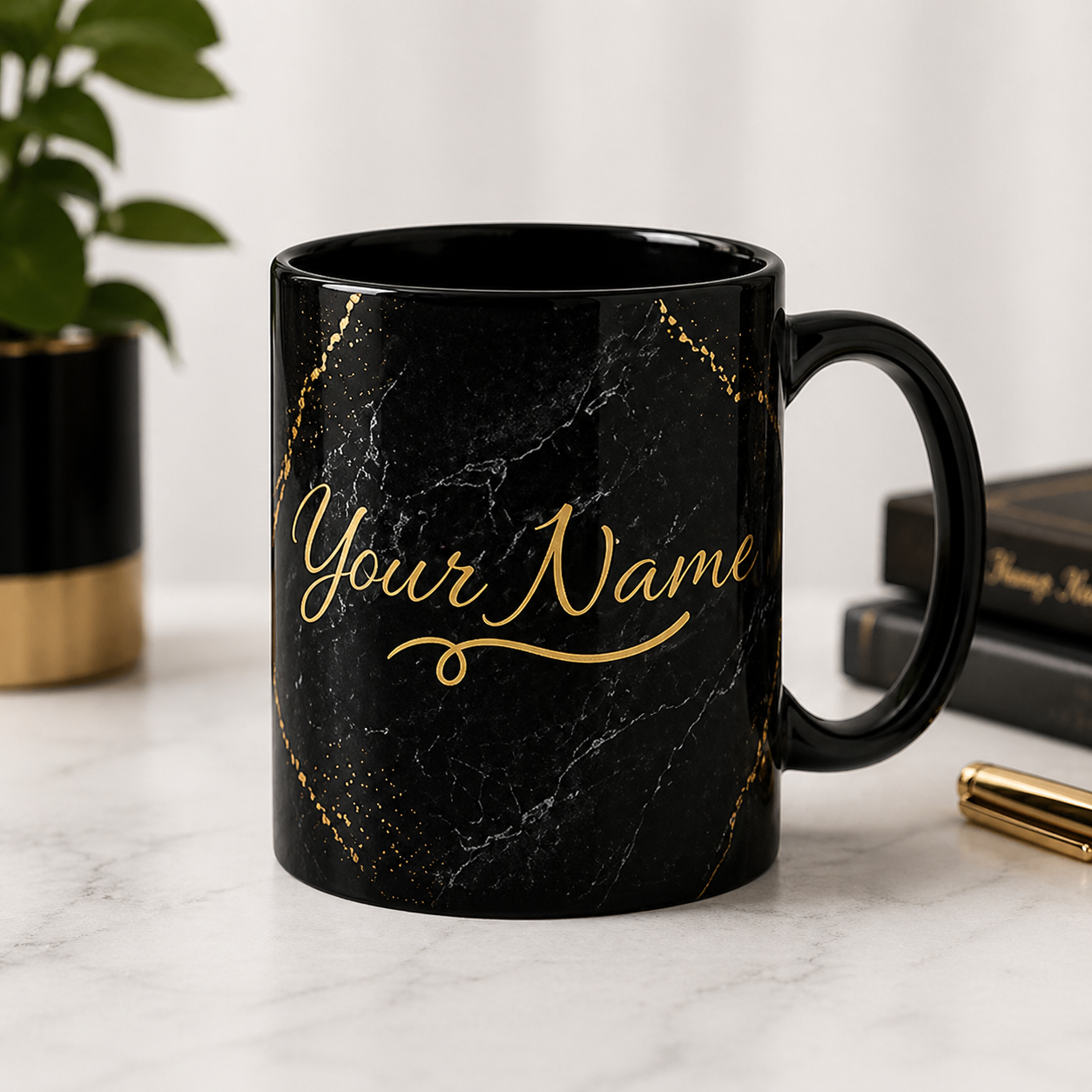 Personalized Black Marble Mug — Custom Name Gold Script (11oz)