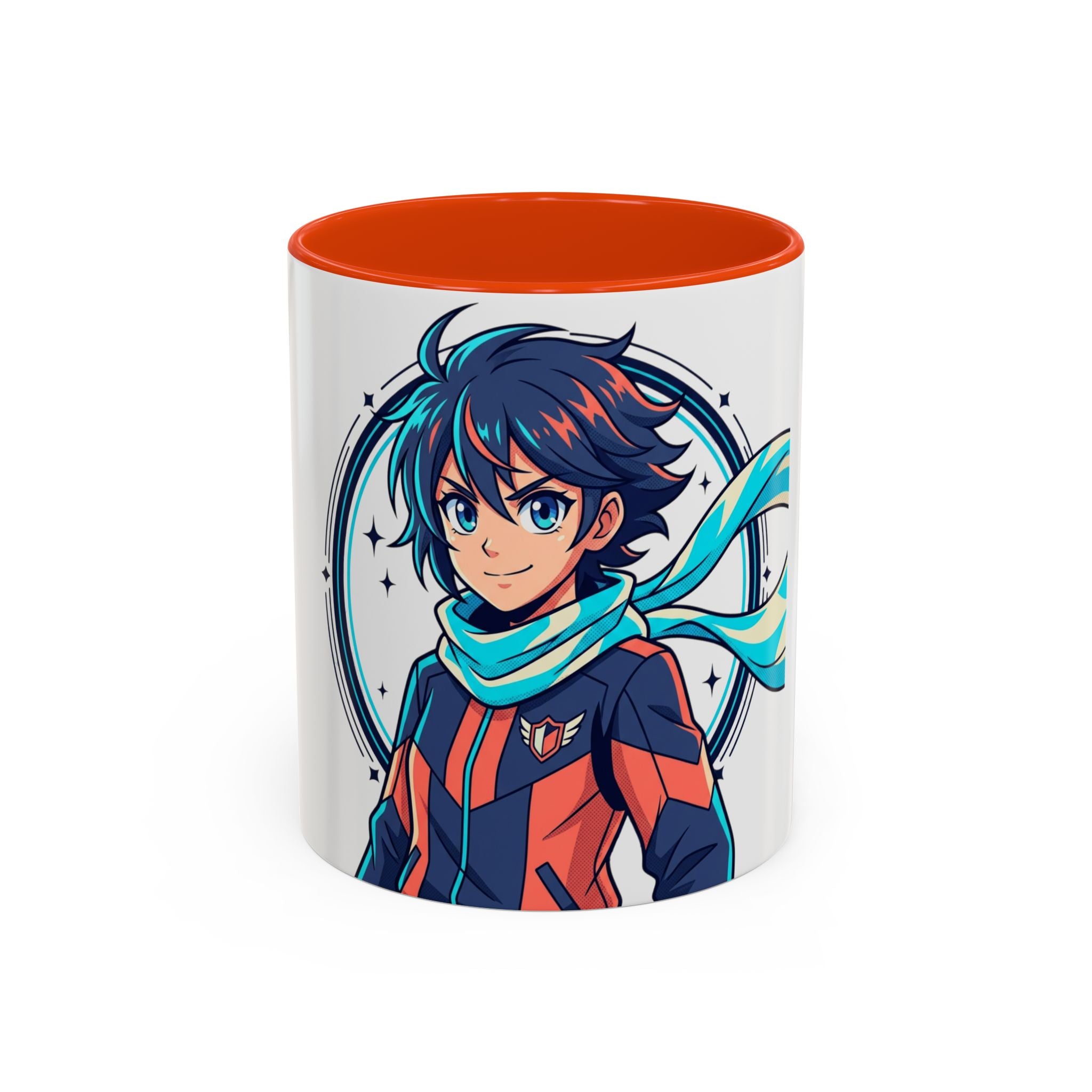 Anime Boy Character Mug — Colorful 11oz/15oz Coffee Cup with Scarfed Hero Design
