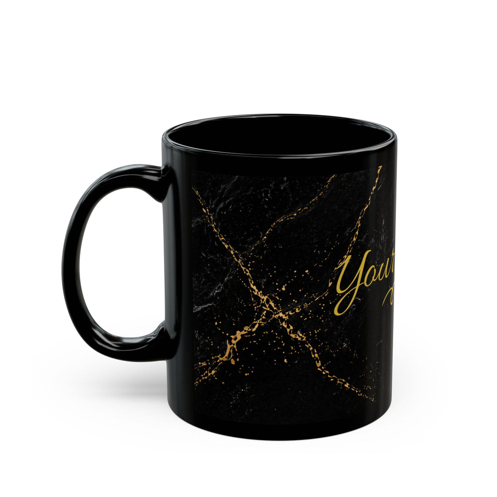 Personalized Black Marble Mug — Custom Name Gold Script (11oz)