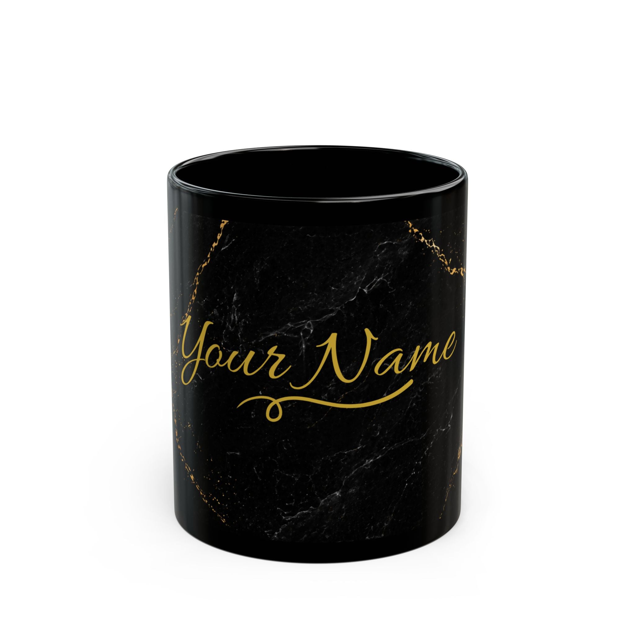 Personalized Black Marble Mug — Custom Name Gold Script (11oz)