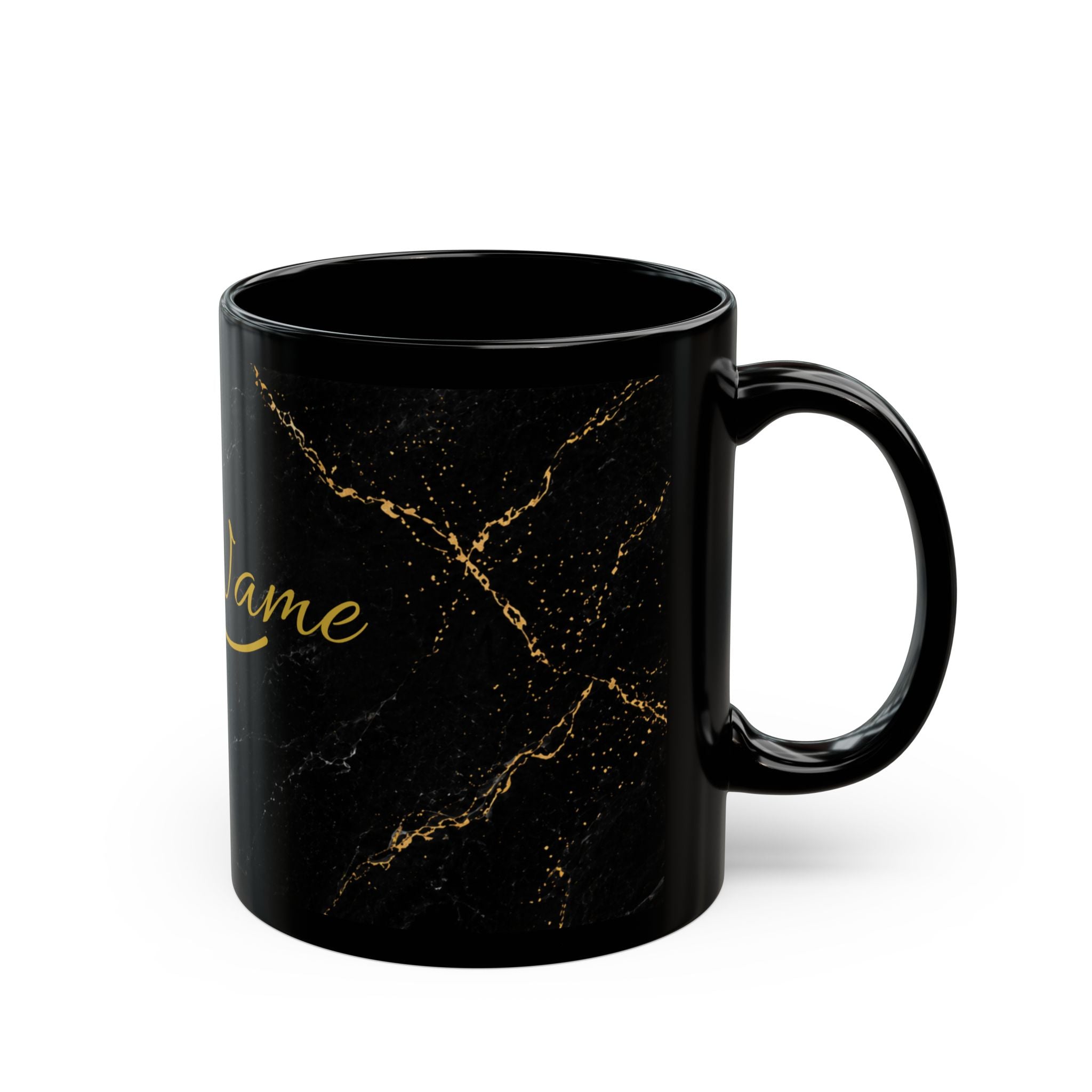 Personalized Black Marble Mug — Custom Name Gold Script (11oz)